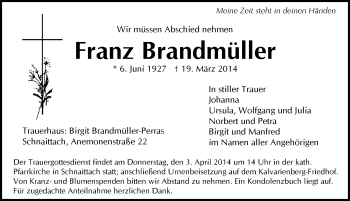 Traueranzeige von Franz Brandmüller von Pegnitz-Zeitung